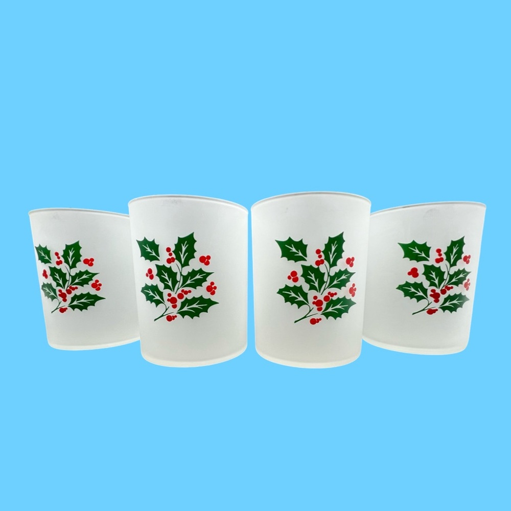 Christmas Frosted Holly Berry Double Old Fashion Glasses Set of 4 Indiana Glass
